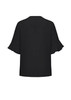 A black women's blouse featuring fluted sleeves, designed for a stylish, relaxed fit. Includes a logo on the back.