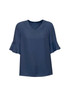 A navy fluted sleeve blouse with a V-neck design, featuring soft, flowing sleeves and a relaxed fit.
