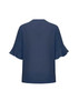 A navy women's blouse with fluted sleeves, featuring a simple, elegant design and a back view.