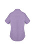 A short-sleeve women's button-up shirt in a purple check pattern, featuring a collar and a back yoke.