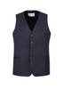 A navy longline vest with a five-button front, two side pockets, and a branded label inside.