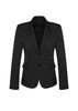A women's mid-length black blazer featuring a two-button closure and side pockets. The jacket has a fitted silhouette.