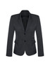 A women's mid-length blazer in dark grey with two buttons and angled pockets, featuring a tailored fit.