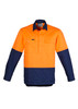 A long sleeve work shirt in orange and navy with a logo, featuring a closed front and two chest pockets.