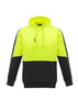 A unisex high visibility pullover hoodie in fluorescent yellow and black, featuring a logo.