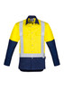 A long sleeve industrial shirt in bright yellow and navy blue, featuring shoulder tape and two chest pockets.