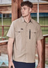 A light beige men's short sleeve button-up shirt with two chest pockets and a zipper pocket, featuring a logo.