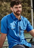 A blue outdoor short sleeve shirt features two front pockets and a zip pocket, ideal for outdoor activities.