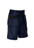 A navy multi-pocket short featuring multiple side pockets and a logo, designed as cargo shorts for men.