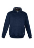 A navy unisex multi-pocket hoodie featuring a front pouch pocket and a logo on the sleeve.