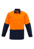 A hi-vis spliced shirt featuring orange and navy colours, with two chest pockets and a branded logo.