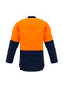 A hi-vis spliced shirt in orange and navy blue, featuring long sleeves and a logo on the fabric.