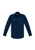 A navy long-sleeve stretch shirt with a chest pocket and branding. Suitable for workwear use.