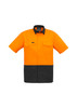 A short sleeve shirt in orange and black with a collar, featuring front pockets and a logo on the chest.