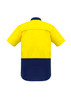 A short sleeve work shirt in vibrant yellow and navy, featuring a back vent for ventilation and a logo on the front.