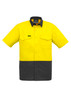 Hi-vis short sleeve shirt in yellow and grey, featuring two chest pockets and a logo. Suitable for workwear.