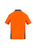 An orange short sleeve polo shirt with a logo, featuring black detailing on the shoulders and sides.