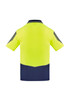 A men's short sleeve polo in hi-vis yellow with navy accents and a branded logo on the back.