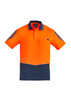A bright orange short sleeve polo shirt with navy accents and a logo, designed for workwear.