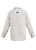 A light grey men's outdoor long sleeve button-up shirt with a logo on the back.