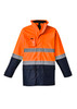 A waterproof jacket in orange and navy with reflective stripes and a front pocket. Branding is present.