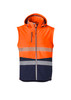 Unisex orange and navy softshell jacket with a hood and reflective strips, featuring a logo on the front.