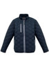 A unisex hexagonal puffer jacket in dark navy, featuring a zipped pocket and a logo on the front.