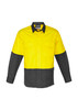 A long sleeve work shirt in hi-vis yellow and black, featuring two front pockets and a logo.