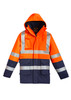 An orange waterproof jacket with navy accents and reflective stripes, featuring a hood and multiple pockets.