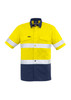 A short sleeve shirt in high visibility yellow and navy, featuring reflective taping and a logo.