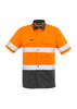 A short sleeve work shirt in orange with reflective tape and a dark grey bottom section, featuring a logo.