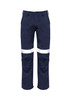 Men's navy work pants featuring reflective tape stripes and a traditional style. Designed for workwear use.