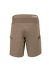 A pair of khaki work shorts with stretch fabric, featuring pockets and a logo.
