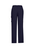 Navy women's cargo pants featuring a comfort waist and multiple pockets, with a logo on the back.