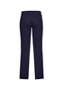 Navy blue flat front pants with a comfortable waist, featuring a logo on the back.