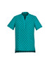 A teal tunic with a daisy print pattern and short sleeves, featuring a collar and side pockets.