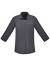 A women's button-up shirt in dark grey with 3/4 sleeves and a single chest pocket. It features a logo.