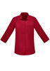 A burgundy 3/4 sleeve button-up shirt with a single chest pocket, featuring a logo.