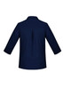 A navy blue women's button-up shirt with 3/4 sleeves and a back pleat, featuring a collar and cuffed sleeves.