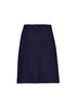 A navy cargo skirt with a waistband and front button closure, featuring a simple design and straight silhouette.
