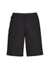A pair of women's black cargo shorts with side pockets and a waistband. Features a logo on the garment.