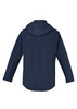 A navy rain jacket with a hood, featuring long sleeves and a plain design on the back. It includes a logo.