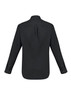 A black long sleeve button-up shirt with a back pleat and cuffed sleeves. Features a branding logo.
