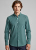 A long sleeve button-up shirt in a teal colour with a button-down collar and a logo on the chest.