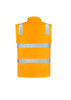 A bright yellow unisex hi-vis softshell jacket with reflective stripes on the back, featuring no sleeves.