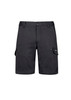 A pair of black work shorts with side pockets and a logo on the side. Suitable for workwear.