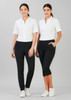 Two women model black Jane Stretch Pants paired with white shirts, featuring a sleek, professional style.