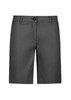 A pair of women's grey chino shorts featuring a button closure and a front pocket.