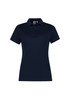 A navy short sleeve polo shirt for women with a collared neckline and three buttons. Features a logo.