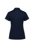 A women's short sleeve polo shirt in navy, featuring a collared design and a logo on the back.
